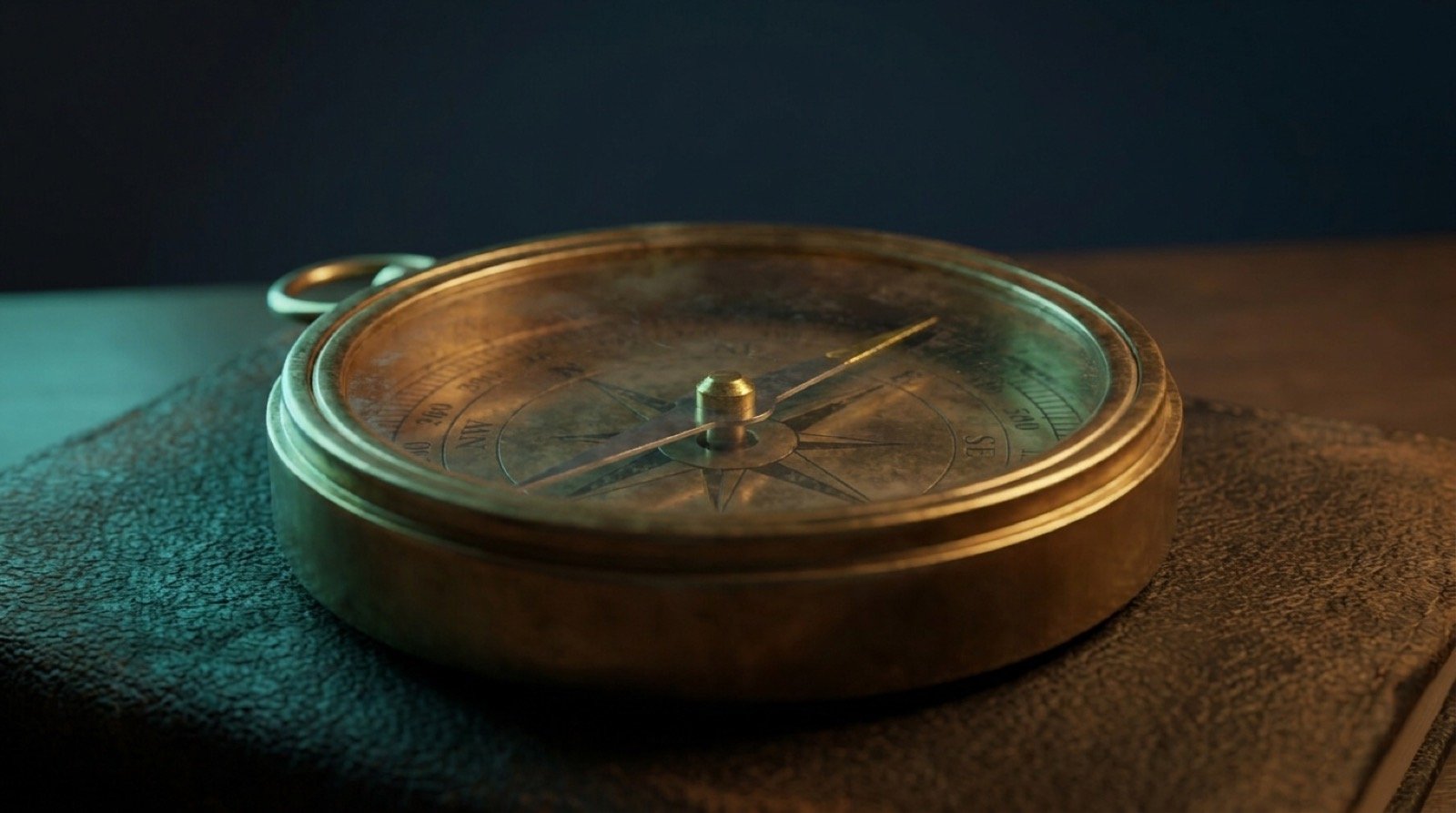 An antique brass compass on a deep navy surface, its needle pointing north